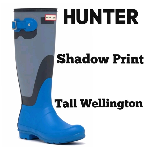 Hunter Shoes - Hunter Wm's Original Tall Wellington Shadow Print Rainboots Grey, Bucket Blue  7